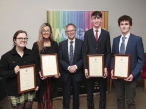 Pictured from left are the 2018/2019 recipients of the Waterford Institute of Technology (WIT) President’s Scholarship programme: Aoife Molloy, Olivia Cusack, President of WIT Prof Willie Donnelly, Leon Keating, Neil Quinn. 
